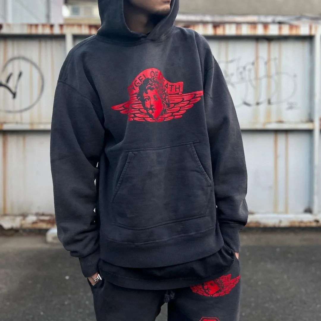 SAINT Mxxxxxx ANGEL HOODIE/BLK Angel Rebirth Crack Printed Retro Distressed Hoodie Assute dyeing, full-length spray-on fade, heavy fermentation wash, NEW VINTAGE texture, factory four-needle and six-thread workmanship, boneless patchwork, more comfortable to wear, genuine level crack print/accessories restored